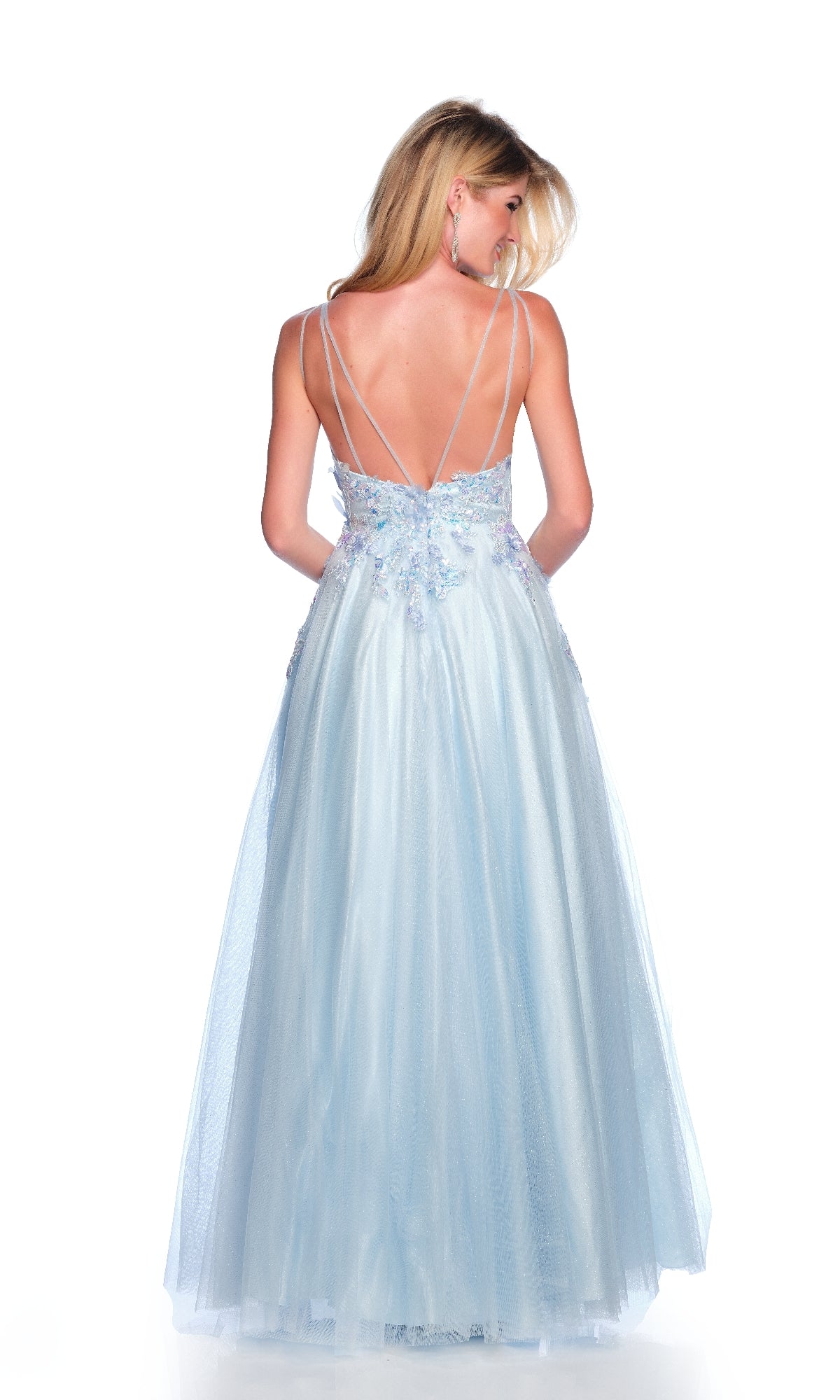 A woman wears the Dave and Johnny 12063 long prom dress with a light blue embroidered bodice, thin straps, and an elegant open back, posing against a white background.
